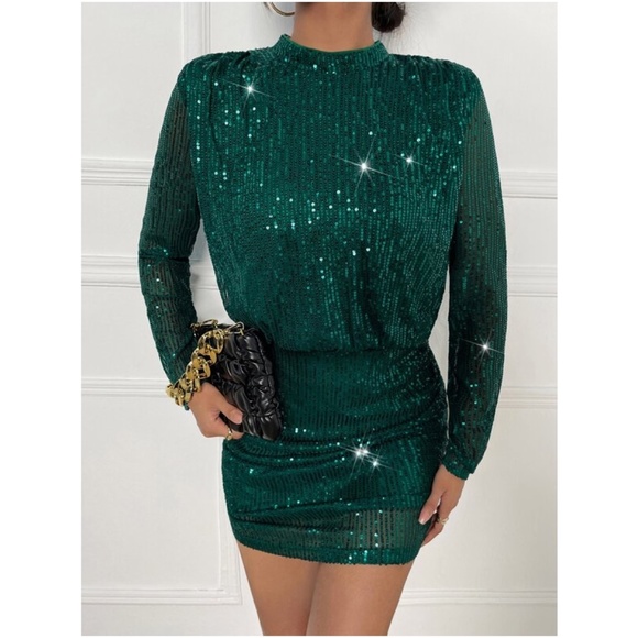 Luxe Long Sleeve Sequin Party Bodycon evening Dress - Picture 2 of 9